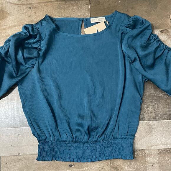 Paper Crane Women's T41729P Ocean Blue Ruched Sleeve Smocked Hem Crop Top Size M - Picture 7 of 14